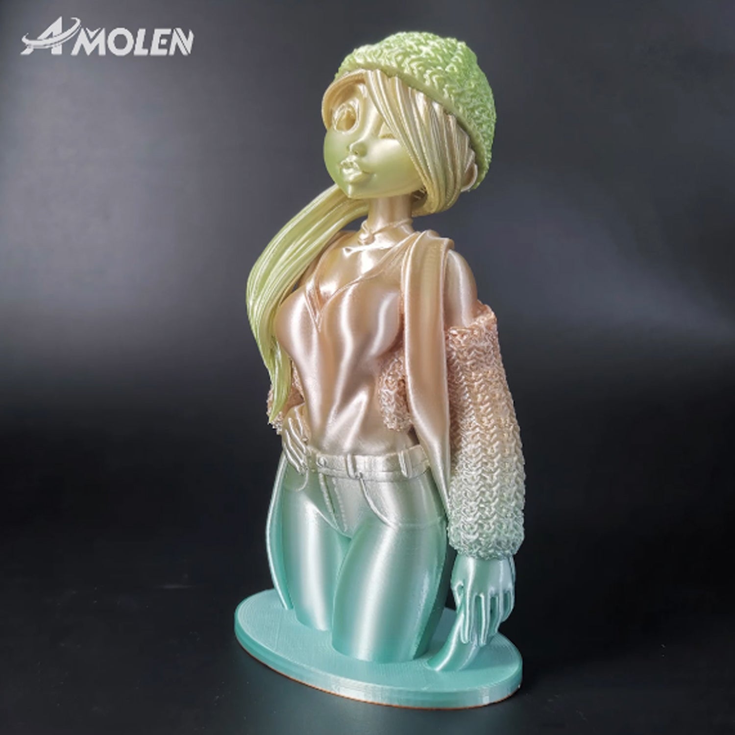 Amolen Silk Rainbow PLA 3D-printed model of a woman, showing gradient colors and silk finish.