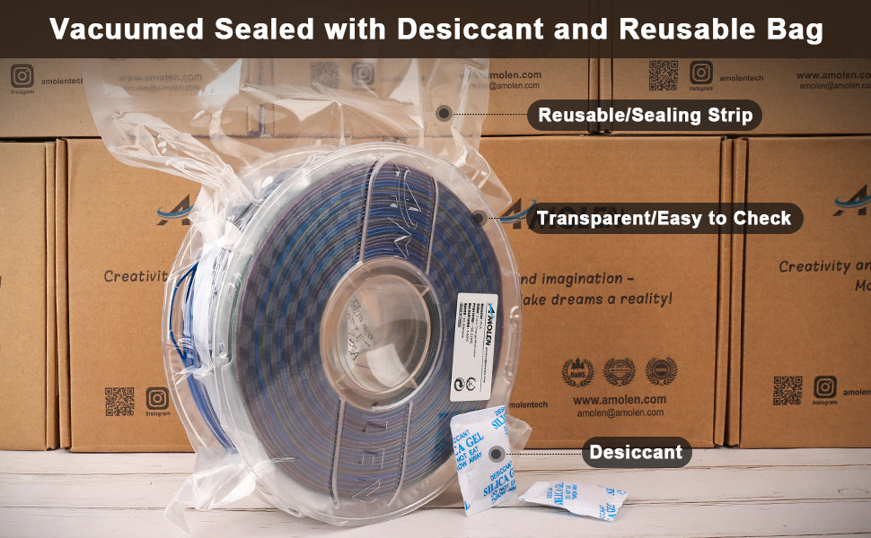 Amolen PLA Galaxy filament spool, vacuum sealed with desiccant and reusable bag for 3D printing