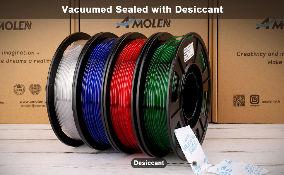 Amolen PETG Transparent Variety Pack with Vacuumed Seal, Desiccant for Moisture Protection, in white, blue, red, and green