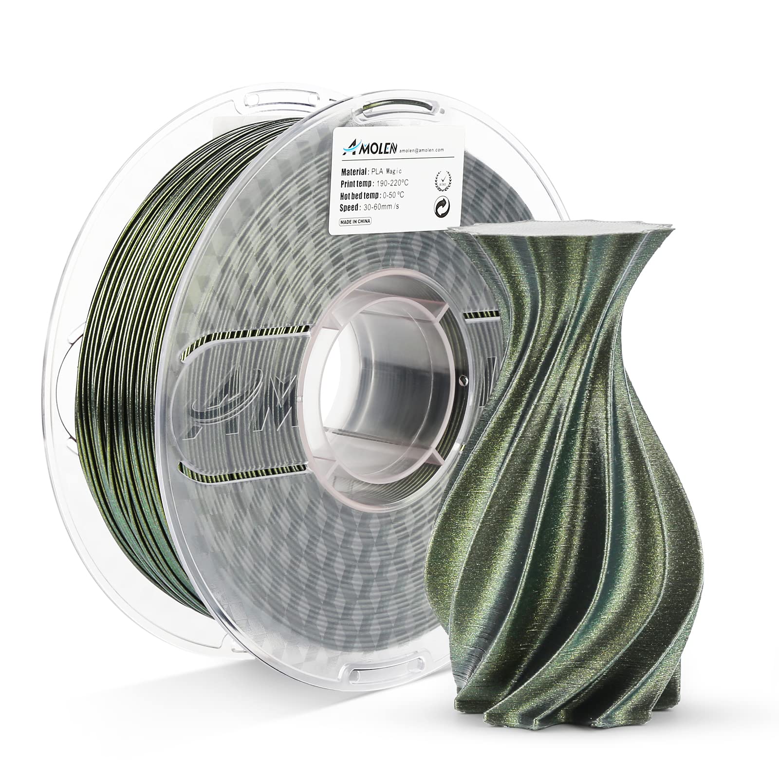 Amolen PLA Magic filament and 3D-printed vase, sparkly, color-changing, high-speed printing