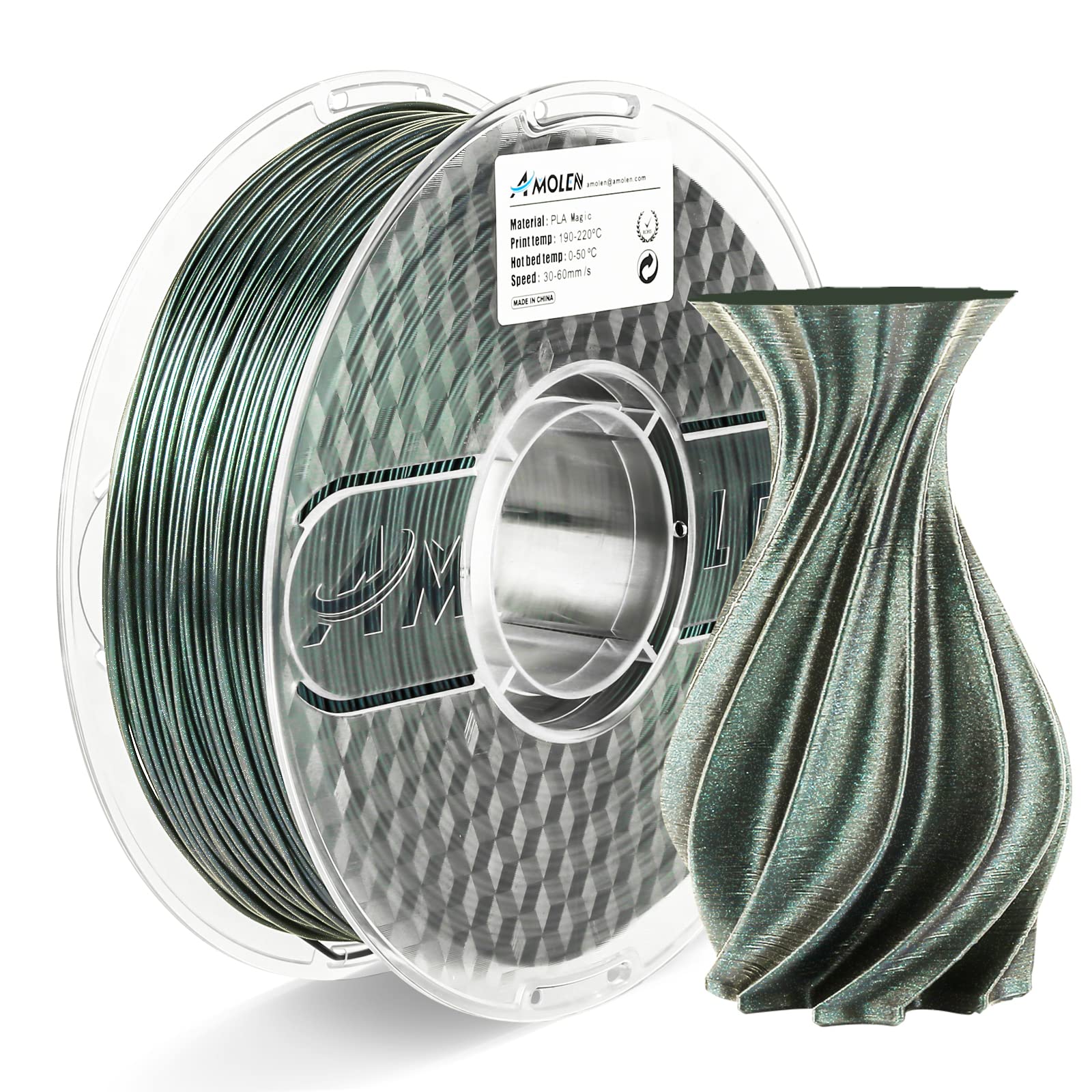 Amolen PLA Magic filament spool with 3D-printed vase, sparkly color-changing, ideal for 3D printing projects
