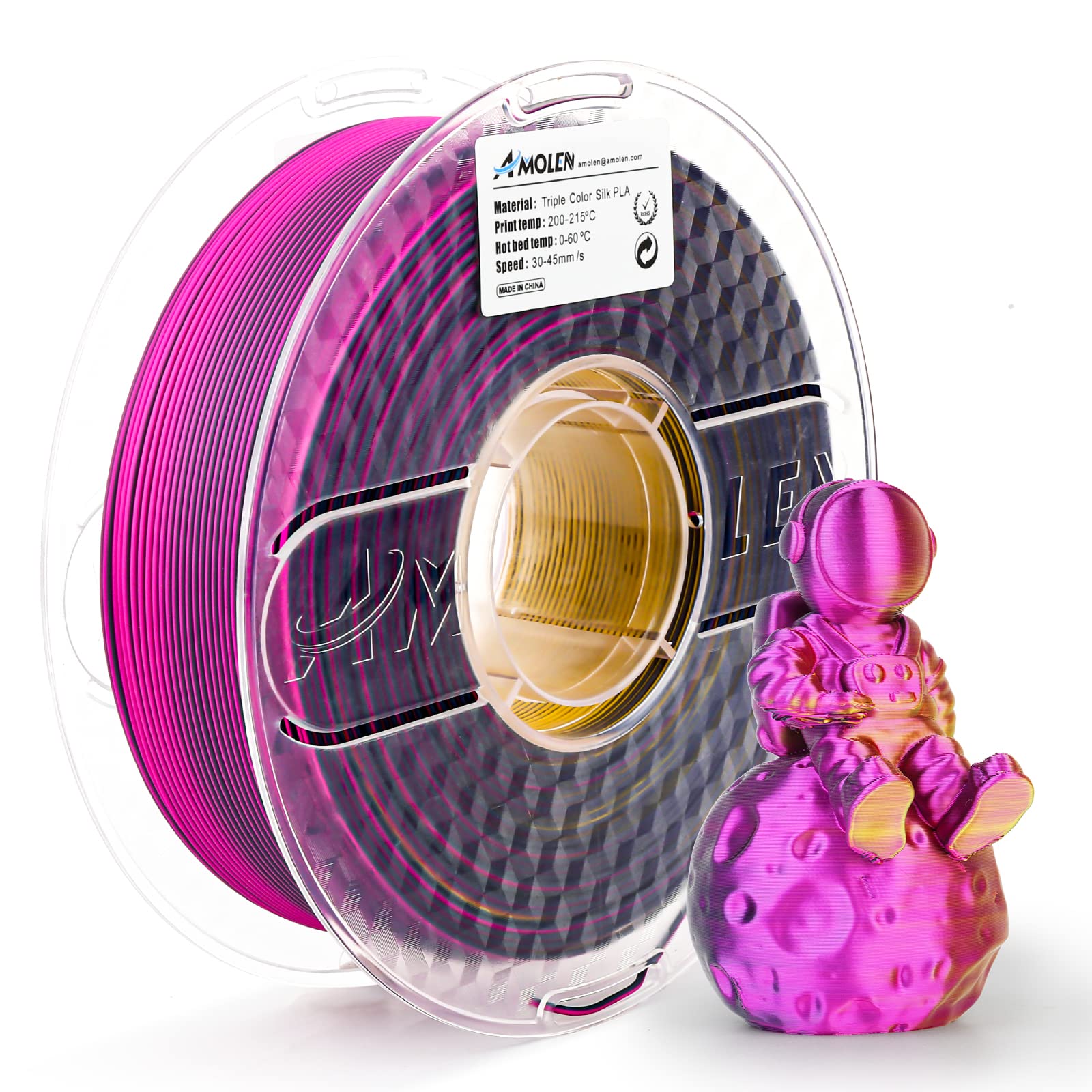 Amolen Triple Color Silk PLA filament spool and 3D-printed astronaut with color-changing effect for 3D printing projects