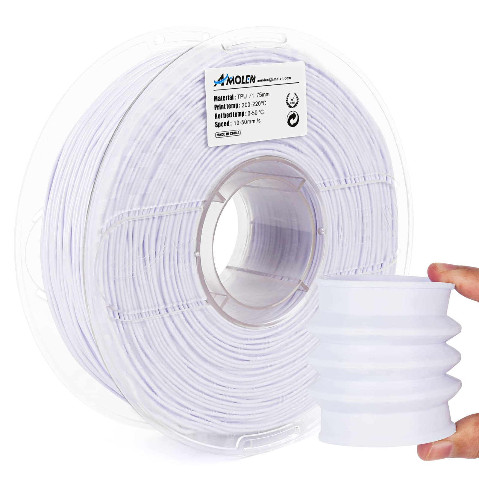 Amolen TPU 1.75mm white filament spool with a flexible 3D printed object - High elastic recovery and abrasion resistance.