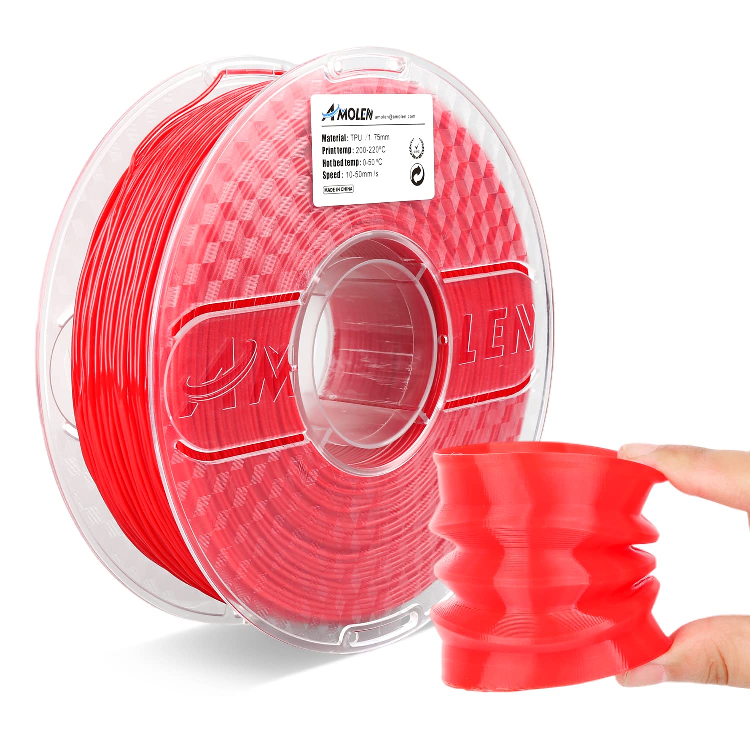 Amolen TPU 1.75mm red filament spool with 3D printed flexible object - High elasticity and abrasion resistance