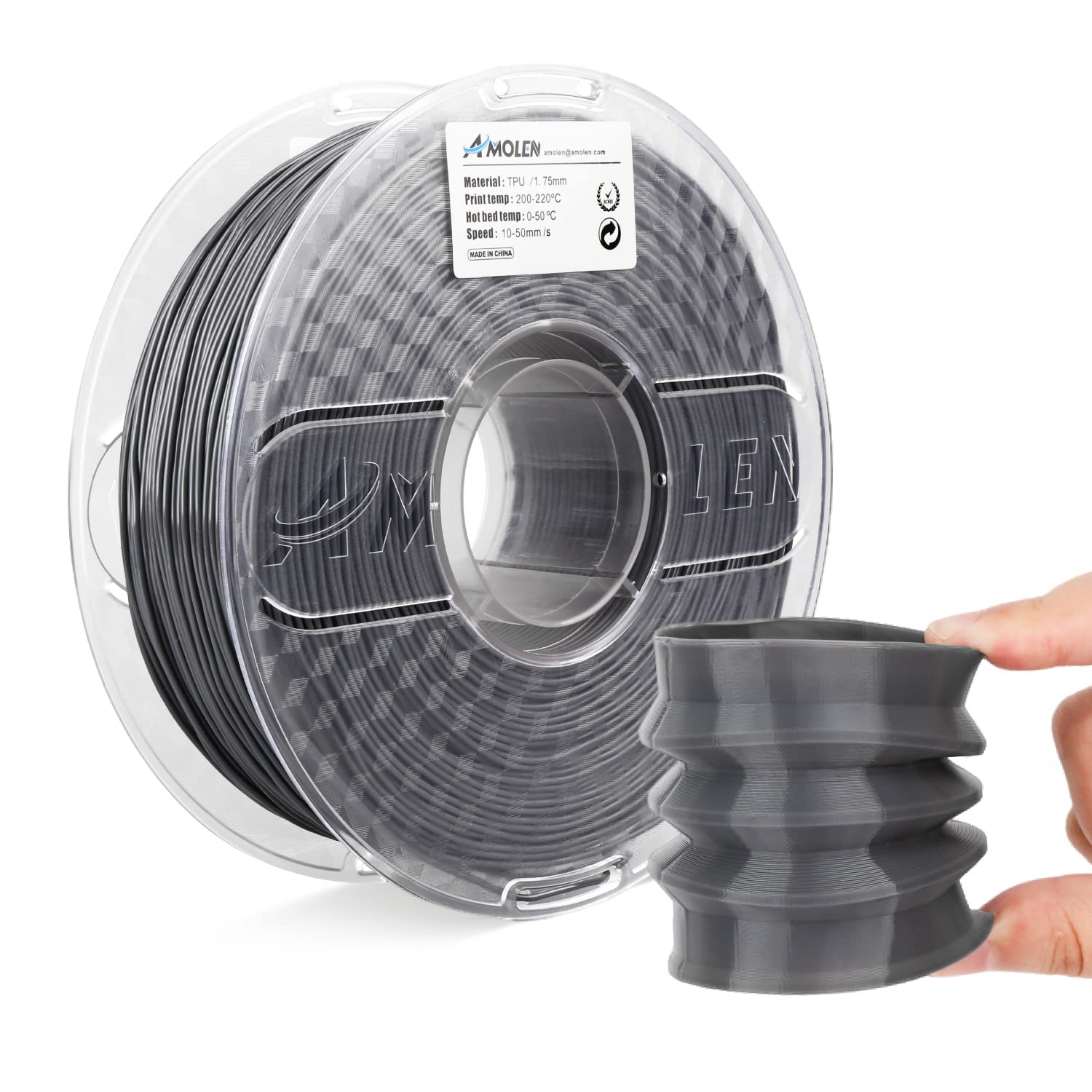 Amolen TPU 1.75mm gray filament spool with flexible 3D printed object. High elasticity and abrasion resistance