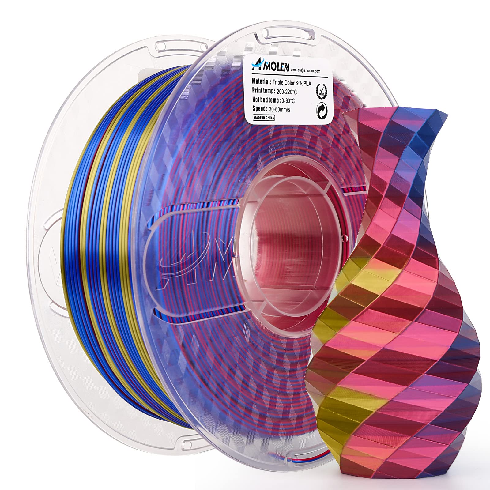 Amolen Triple Color Silk PLA filament with color changing effect. 3D printing material