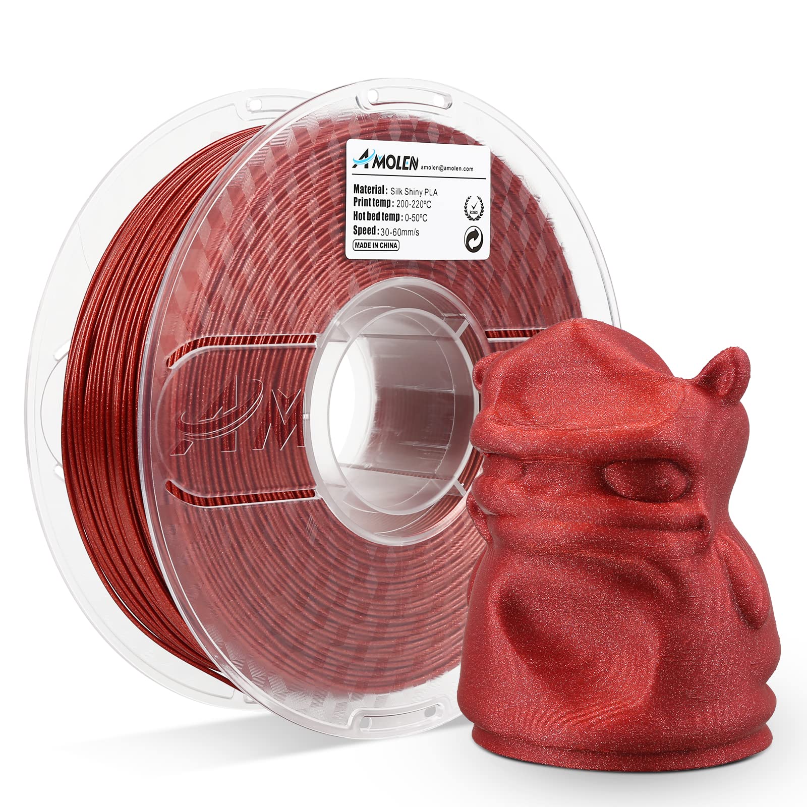 Amolen Silk Shiny PLA filament spool with 3D printed model, red color, ideal for high-speed printing