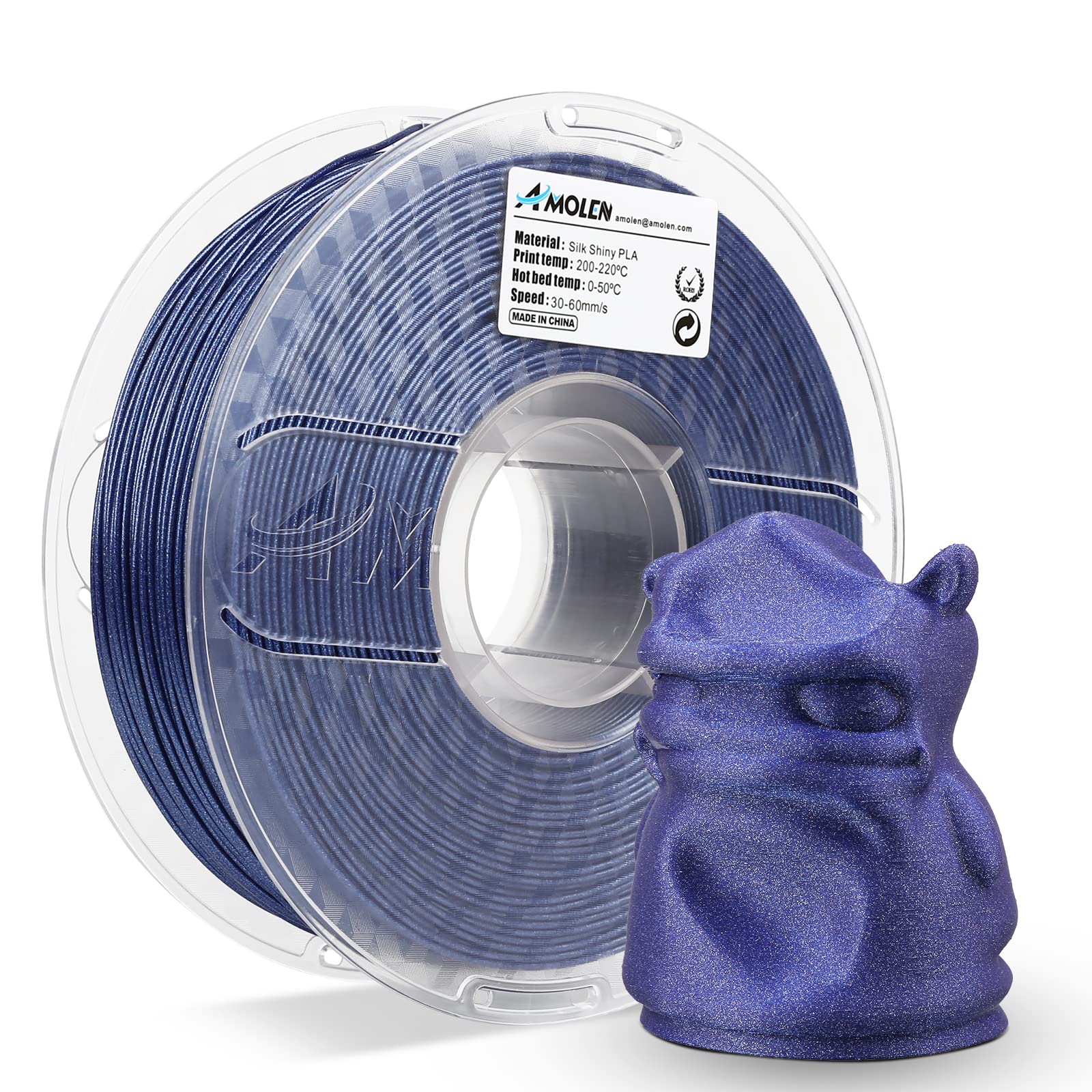 Amolen Silk Shiny PLA filament, blue color, and a 3D-printed model. Sparkly, color-changing, ideal for high-speed printing.