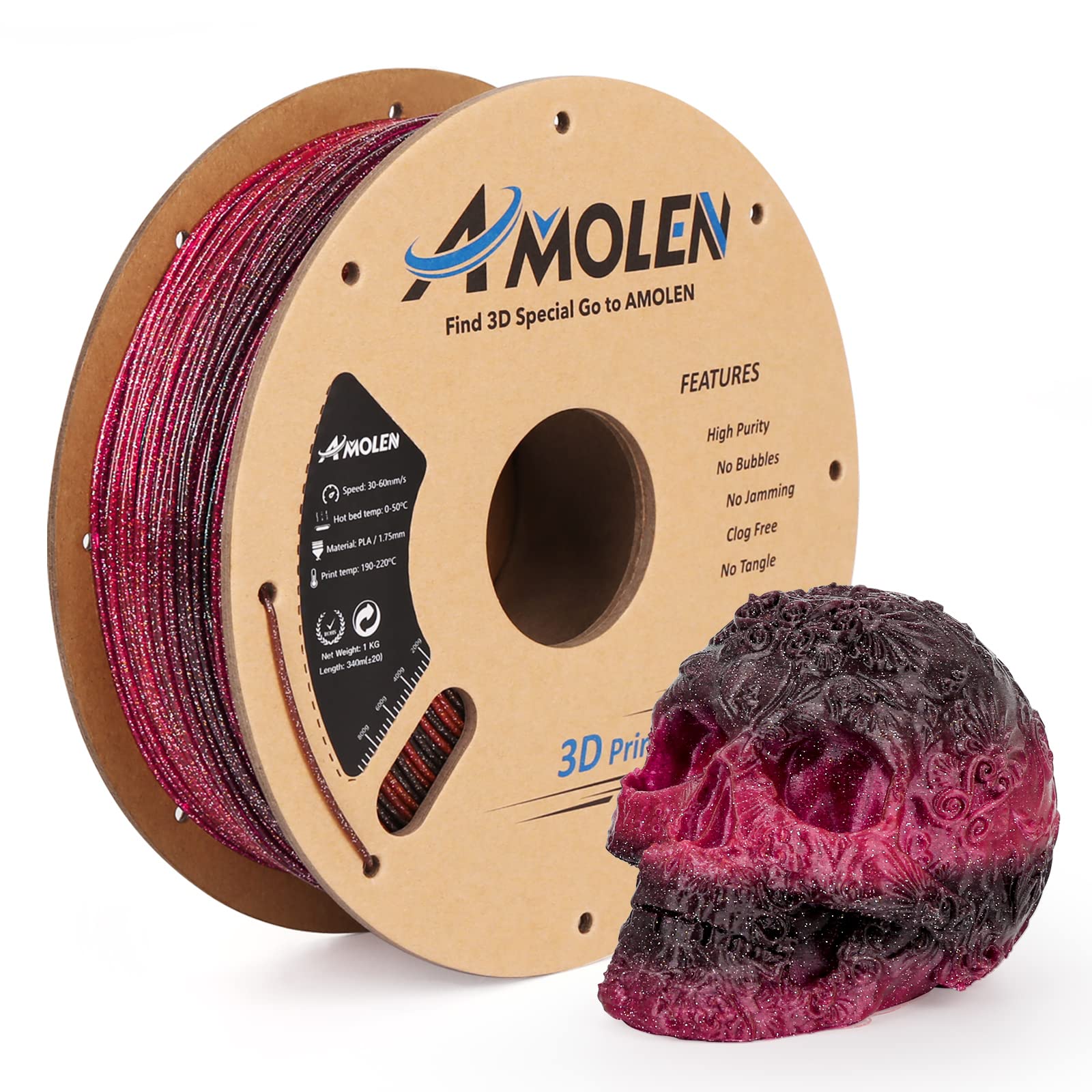 Amolen Galaxy PLA 1.75mm filament spool and 3D-printed skull, sparkly, color changing, high-speed printing
