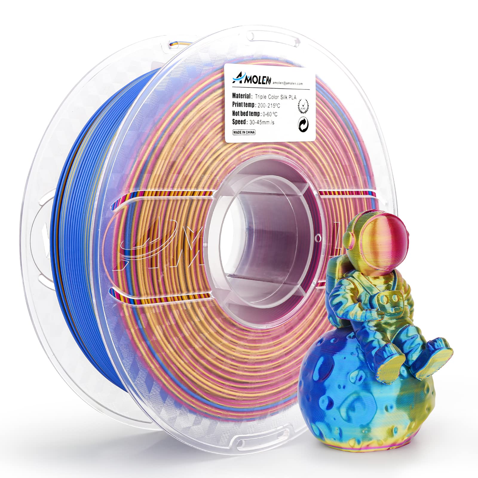 Amolen Triple Color Silk PLA filament with 3D astronaut figurine. 3-color changing 3D printing material.