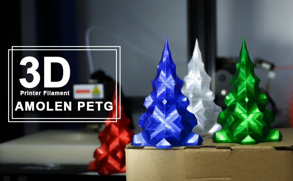Amolen PETG filament 3D printed Christmas trees in various colors demonstrating unique effects