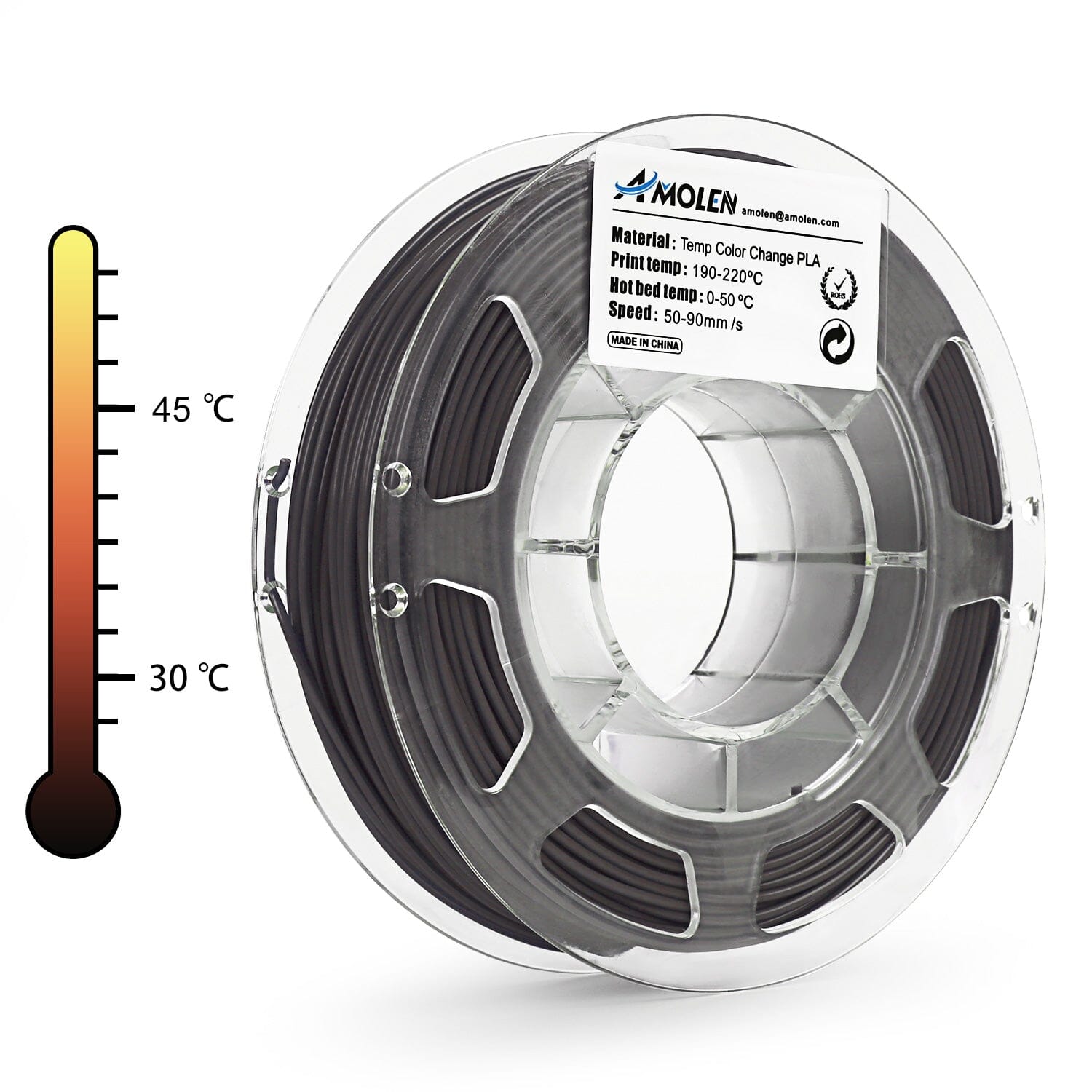 Amolen Temp Color Change PLA filament spool showing color shift with temperature, print temp 190-220°C