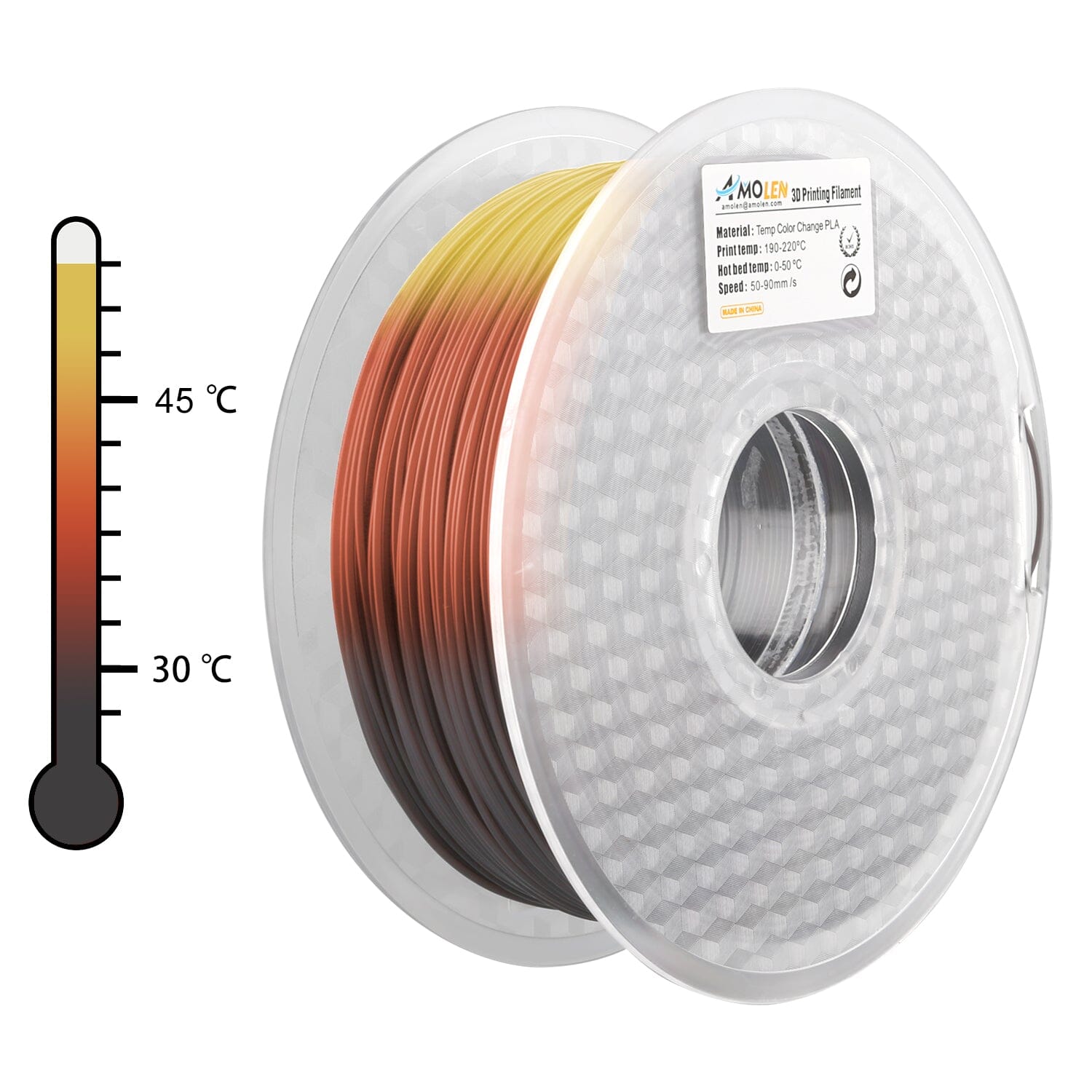 Amolen Temp Color Change PLA 1.75mm filament spool showing color change with temperature, ideal for 3D printing