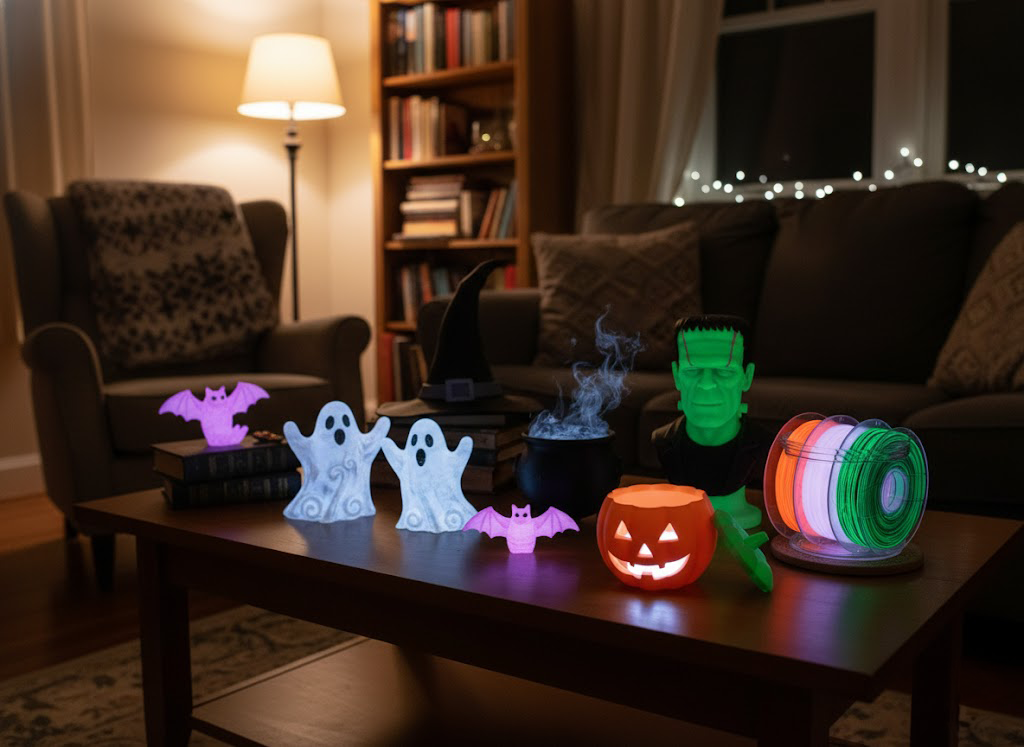 A cozy indoor setup with Halloween-themed 3D-printed decorations glowing in the dark, including ghosts, bats, a pumpkin, and a Frankenstein figure