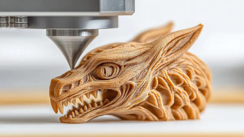 Detailed 3D printed dragon head model with intricate scales and teeth on print bed
