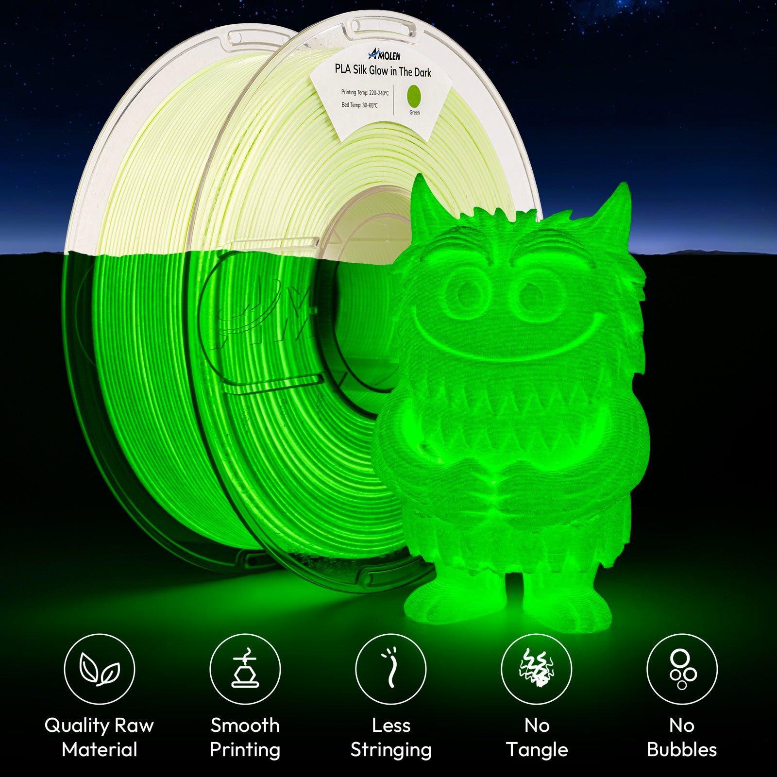 PLA Silk Glow In The Dark 1.75mm, 1KG/2.2LB
