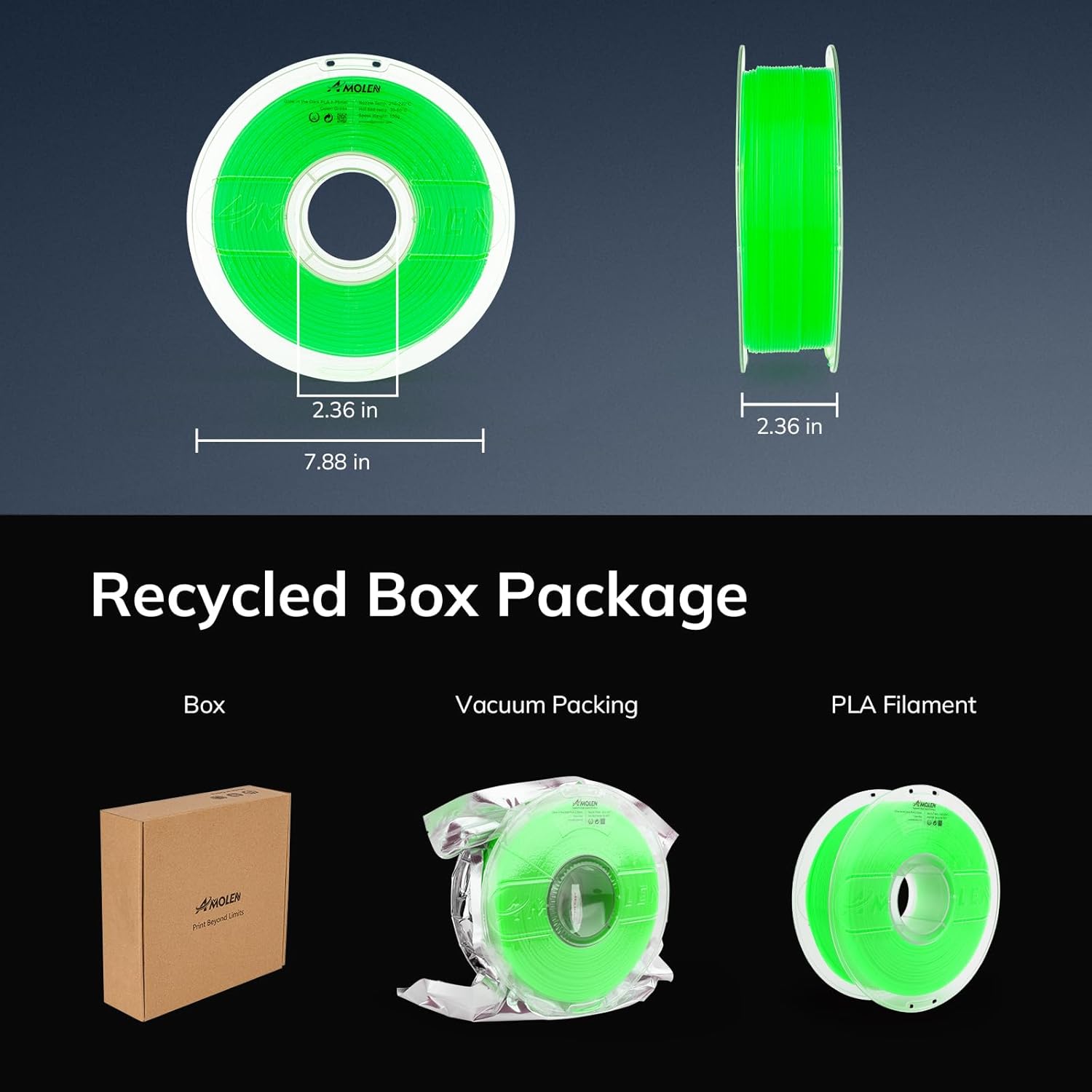 Amolen Glow-in-the-Dark Green PLA Filament Spool with Packaging Details and Dimensions, Ideal for 3D Printing.