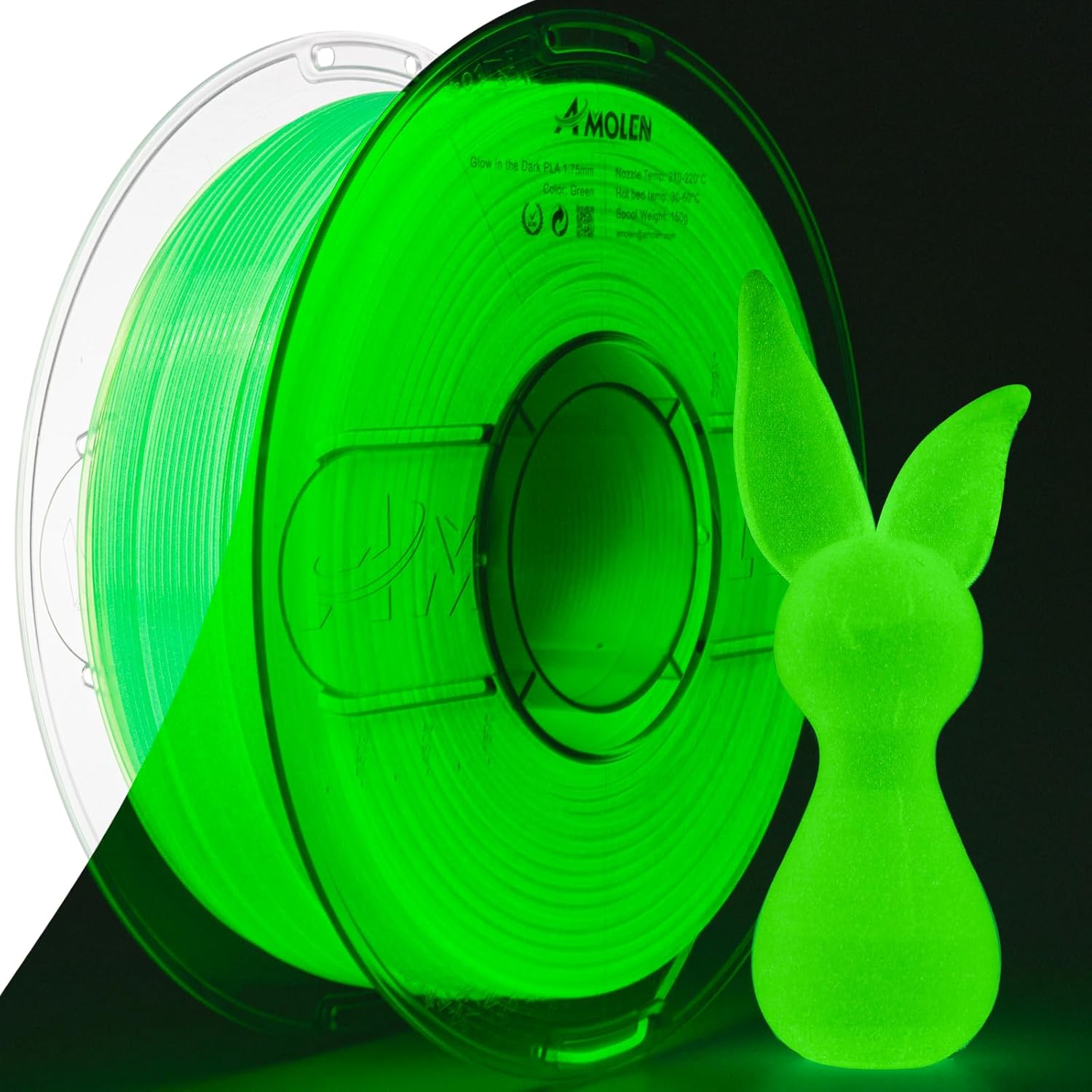 Amolen Green Glow in the Dark PLA 1.75mm filament spool and 3D printed bunny, ideal for 3D printing projects.