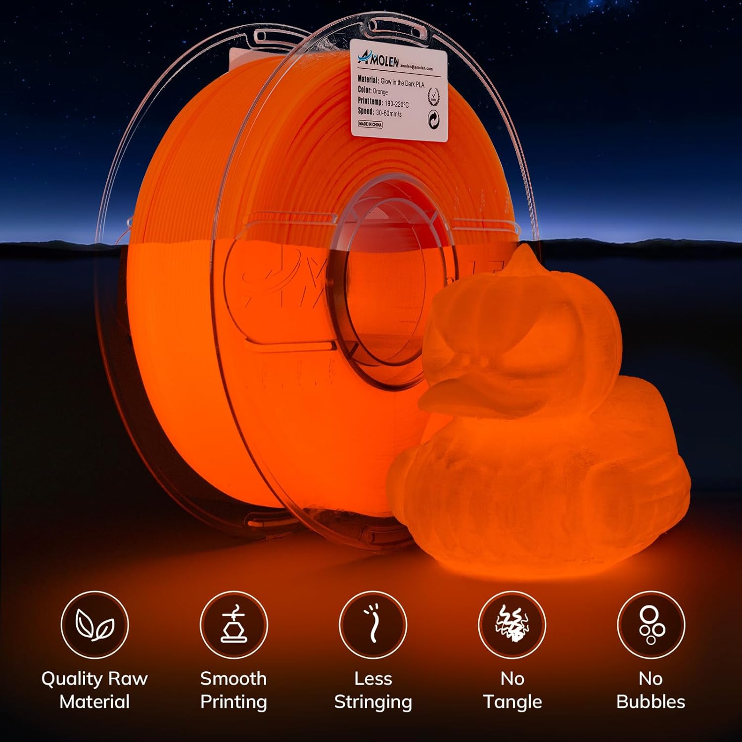 PLA Glow In the Dark Filament 1.75mm, Glow Orange 12kg