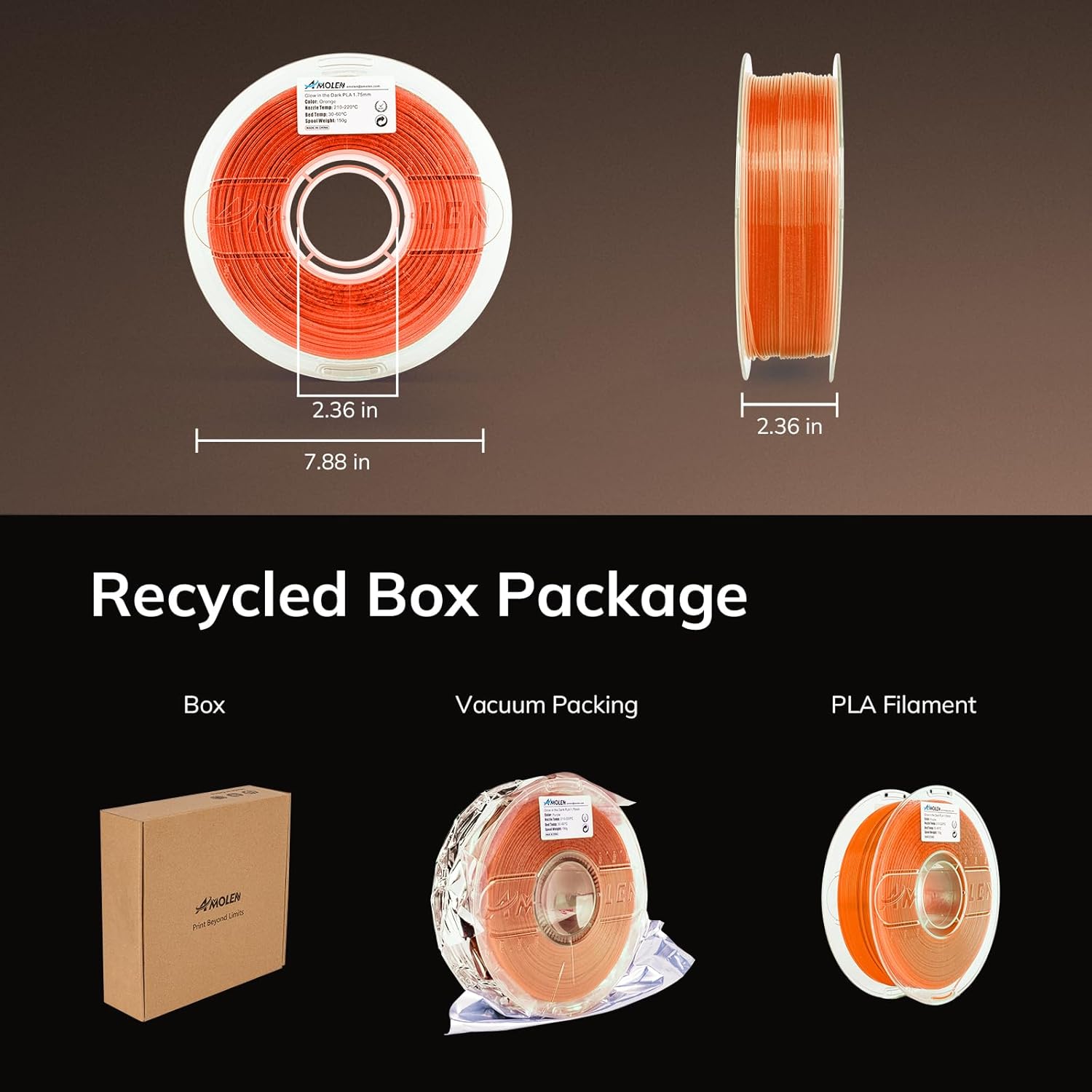 PLA Glow In the Dark Filament 1.75mm, Glow Orange 12kg