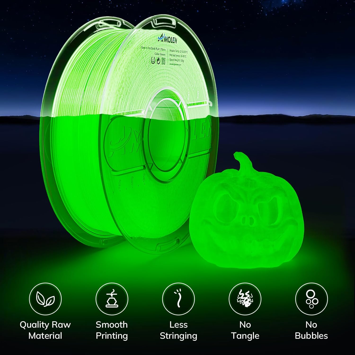 Amolen Glow in the Dark PLA 1.75mm filament in green, ideal for 3D printing projects, showcasing quality and smooth printing.