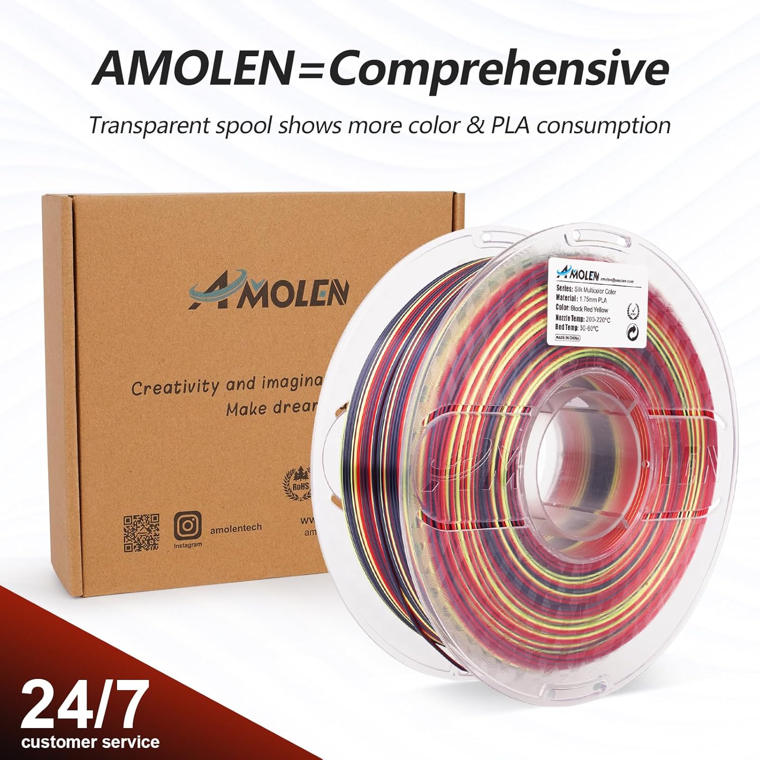 PLA Silk S-Series Filament 1.75 mm, Black Red Yellow Color 12kg